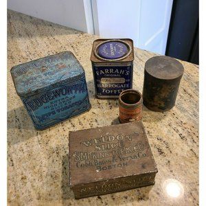 Antique Vintage Tin Can Lot of 5 .Tobacco Toffee Copper Antikamnia